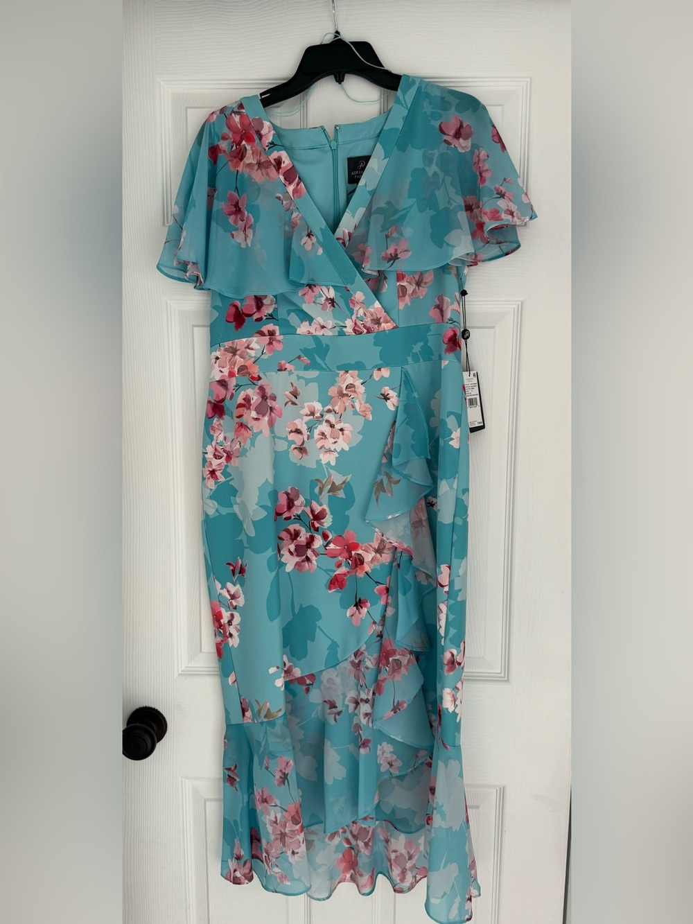 Adrianna Papell Floral Flutter Sleeve Dress with Cascade & Ruffle Hem - NWT